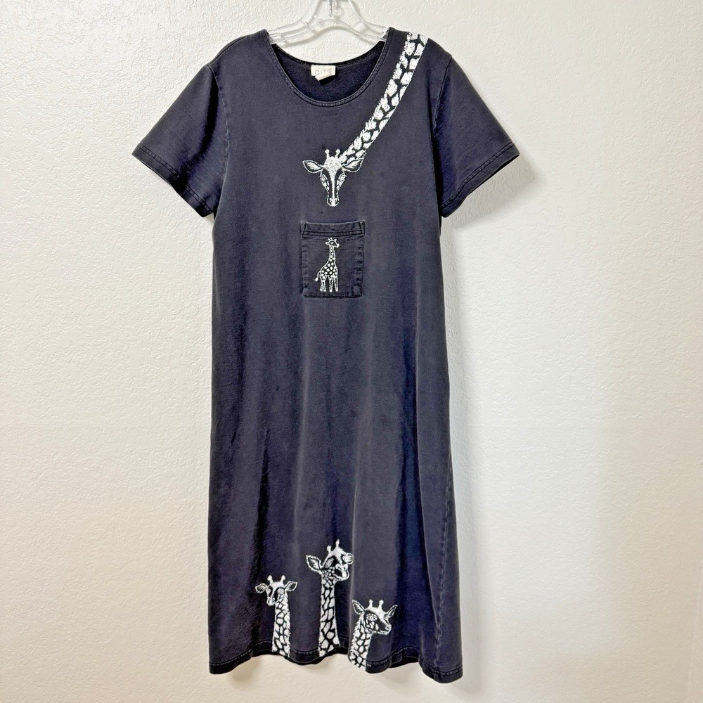 Cite Giraffe Dress Womens Large Black Animal Print Safari Casual Midi Artsy Boho